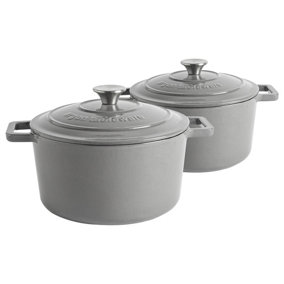 Argon Tableware - Cast Iron Casserole Enameled Oven Dish Set - 4.5 Litre - Pack of 2 - Slate Grey