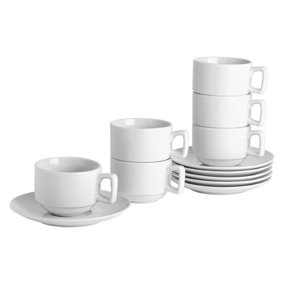 Argon Tableware - Classic White Stacking Teacup & Saucer Set - 200ml - 12pc - White