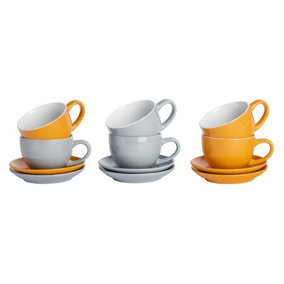 Argon Tableware - Coloured Cappuccino Cup & Saucer Set - 250ml - 12pc - Grey/Yellow