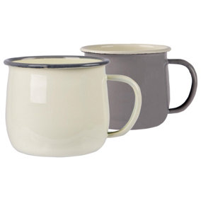 Argon Tableware - Coloured Enamel Belly Mugs - 375ml - Pack of 4 - Grey/Cream