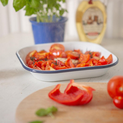 Argon Tableware Enamel Baking Tray - Blue Rim - Lightweight Metal ...
