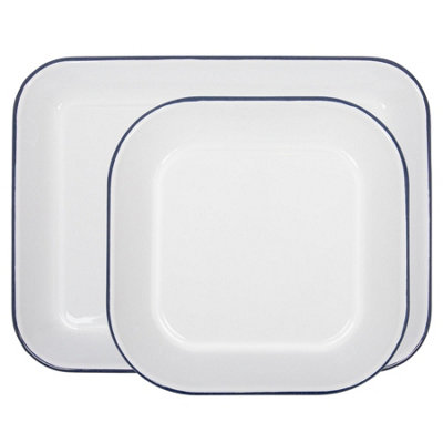 Argon Tableware Enamel Baking Tray Set - Blue Rim - 2pc Lightweight ...