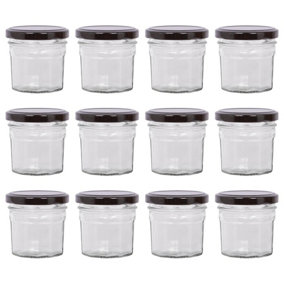 Argon Tableware Glass Jam Jars with Black Lids - 110ml - Pack of 12