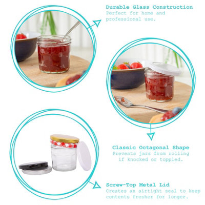 Argon Tableware Glass Jam Jars with Black Lids - 150ml - Pack of 12