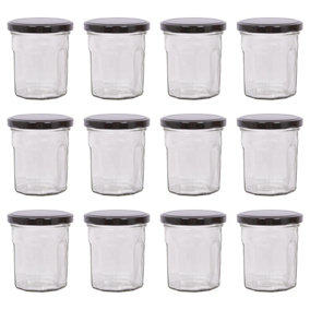 Argon Tableware Glass Jam Jars with Black Lids - 185ml - Pack of 12