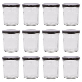Argon Tableware Glass Jam Jars with Black Lids - 310ml - Pack of 12
