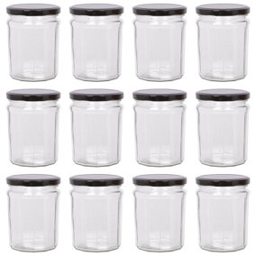 Argon Tableware Glass Jam Jars with Black Lids - 450ml - Pack of 12