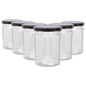 Argon Tableware Glass Jam Jars with Black Lids - 450ml - Pack of 6