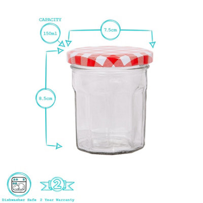 Argon Tableware Glass Jam Jars with Red Gingham Lids - 185ml - Pack of 6