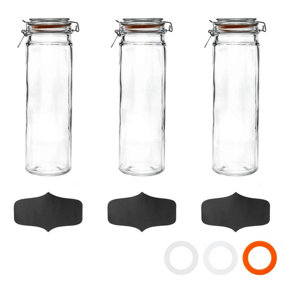 Argon Tableware - Glass Spaghetti Jar with Labels - 2 Litre - Black Seal - Pack of 3