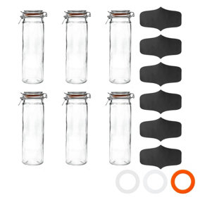 Argon Tableware - Glass Spaghetti Jar with Labels - 2 Litre - Black Seal - Pack of 6