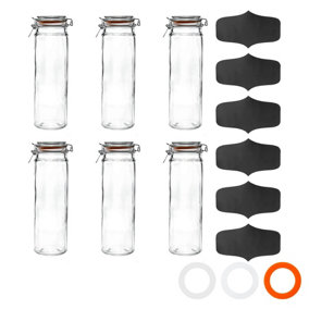 Argon Tableware Glass Spaghetti Jar with Labels - 2 Litre - Orange Seal - Pack of 6