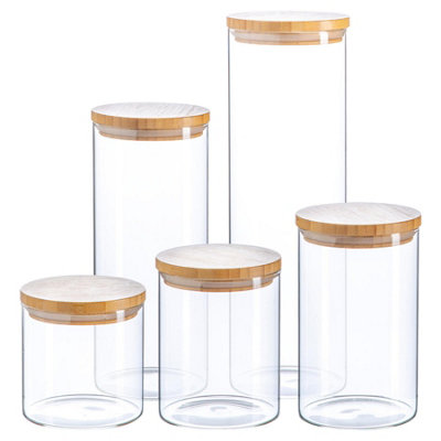 Argon Tableware Glass Storage Jar Set - Wooden Lids - Modern Round ...