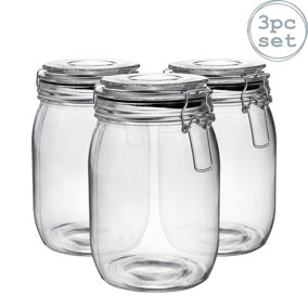 Argon Tableware - Glass Storage Jars - 1 Litre - Black Seal - Pack of 3