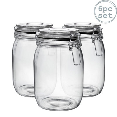 Argon Tableware - Glass Storage Jars - 1 Litre - Black Seal - Pack of 6 ...