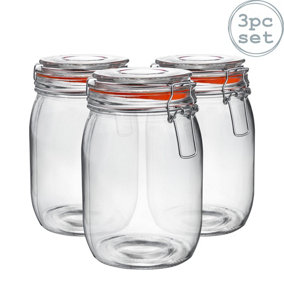 Argon Tableware - Glass Storage Jars - 1 Litre - Orange Seal - Pack of 3