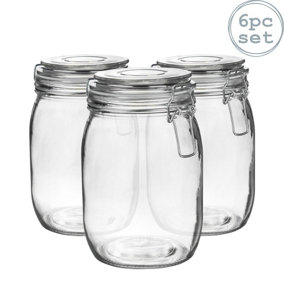 Argon Tableware - Glass Storage Jars - 1 Litre - White Seal - Pack of 6