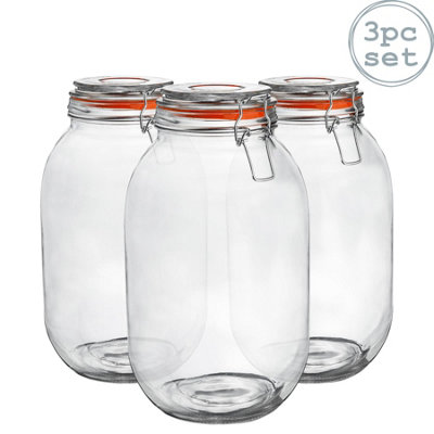 Argon Tableware - Glass Storage Jars - 3 Litre - Orange Seal - Pack of 3