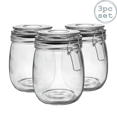 Argon Tableware - Glass Storage Jars - 750ml - Black Seal - Pack of 3 ...