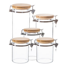 Argon Tableware - Glass Storage Jars Set with Wooden Clip Lids - 5pc - Clear
