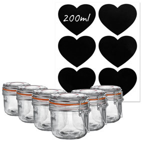 Argon Tableware - Glass Storage Jars with Heart Labels - 200ml - Orange Seal - Pack of 6