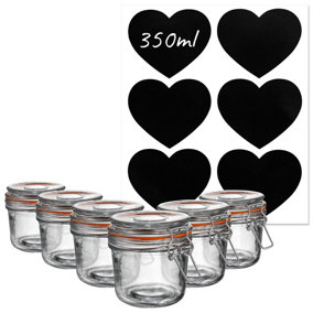 Argon Tableware - Glass Storage Jars with Heart Labels - 350ml - Orange Seal - Pack of 6