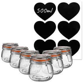 Argon Tableware - Glass Storage Jars with Heart Labels - 500ml - Orange Seal - Pack of 6