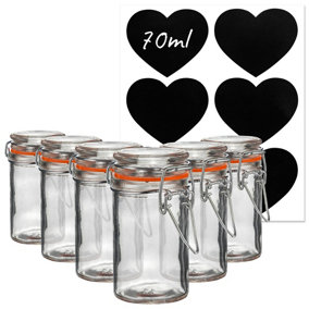 Argon Tableware - Glass Storage Jars with Heart Labels - 70ml - Orange Seal - Pack of 6