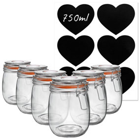Argon Tableware - Glass Storage Jars with Heart Labels - 750ml - Orange Seal - Pack of 6