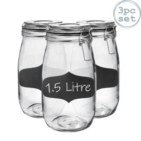 Argon Tableware - Glass Storage Jars with Labels - 1.5 Litre - Black Seal - Pack of 3