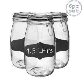 Argon Tableware - Glass Storage Jars with Labels - 1.5 Litre - Black Seal - Pack of 6