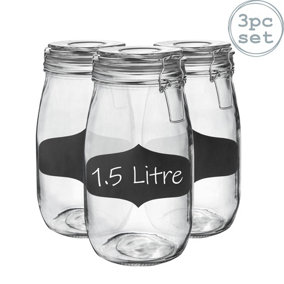 Argon Tableware - Glass Storage Jars with Labels - 1.5 Litre - Clear Seal - Pack of 3