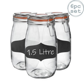 Argon Tableware Glass Storage Jars with Labels - 1.5 Litre - Orange Seal - Pack of 6