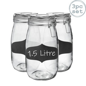 Argon Tableware - Glass Storage Jars with Labels - 1.5 Litre - White Seal - Pack of 3