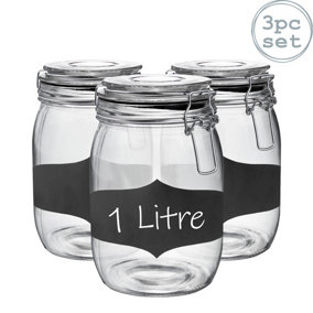 Argon Tableware - Glass Storage Jars with Labels - 1 Litre - Black Seal - Pack of 3