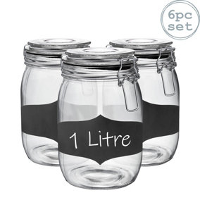 Argon Tableware - Glass Storage Jars with Labels - 1 Litre - Black Seal - Pack of 6