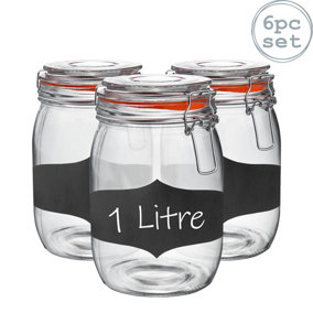 Argon Tableware Glass Storage Jars with Labels - 1 Litre - Orange Seal - Pack of 6