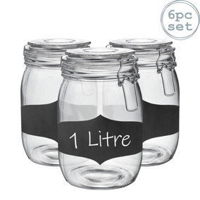 Argon Tableware - Glass Storage Jars with Labels - 1 Litre - White Seal - Pack of 6