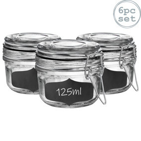 Argon Tableware - Glass Storage Jars with Labels - 125ml - Black Seal - Pack of 6