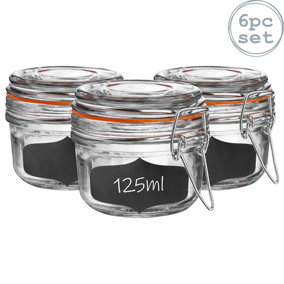 Argon Tableware - Glass Storage Jars with Labels - 125ml - Orange Seal - Pack of 6