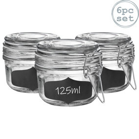 Argon Tableware - Glass Storage Jars with Labels - 125ml - White Seal - Pack of 6