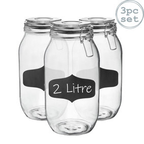 Argon Tableware - Glass Storage Jars with Labels - 2 Litre - Black Seal - Pack of 3