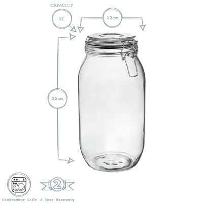 Argon Tableware - Glass Storage Jars with Labels - 2 Litre - Black Seal - Pack of 6