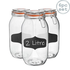 Argon Tableware Glass Storage Jars with Labels - 2 Litre - Orange Seal - Pack of 6