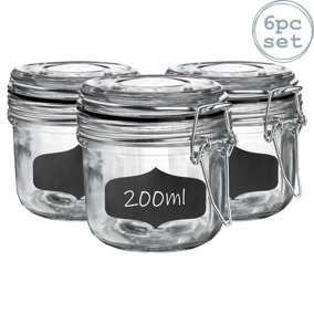Argon Tableware - Glass Storage Jars with Labels - 200ml - Black Seal - Pack of 6