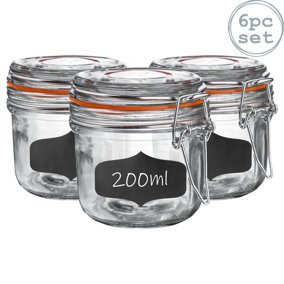 Argon Tableware - Glass Storage Jars with Labels - 200ml - Orange Seal - Pack of 6