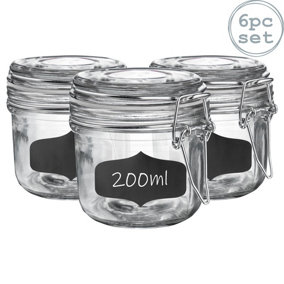 Argon Tableware - Glass Storage Jars with Labels - 200ml - White Seal - Pack of 6