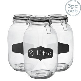 Argon Tableware - Glass Storage Jars with Labels - 3 Litre - Black Seal - Pack of 3