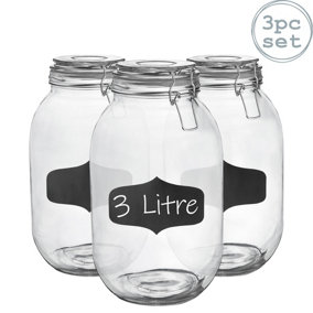 Argon Tableware - Glass Storage Jars with Labels - 3 Litre - Clear Seal - Pack of 3