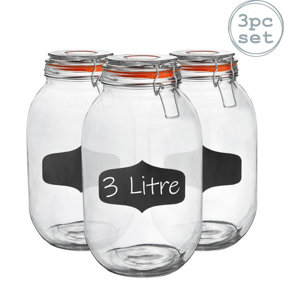 Argon Tableware - Glass Storage Jars with Labels - 3 Litre - Orange Seal - Pack of 3